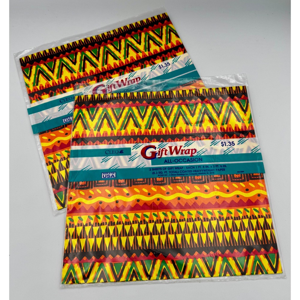Vintage Cleo Gift Wrap Lot 2 Sealed Packs Tribal Geometric All Occasion Made USA